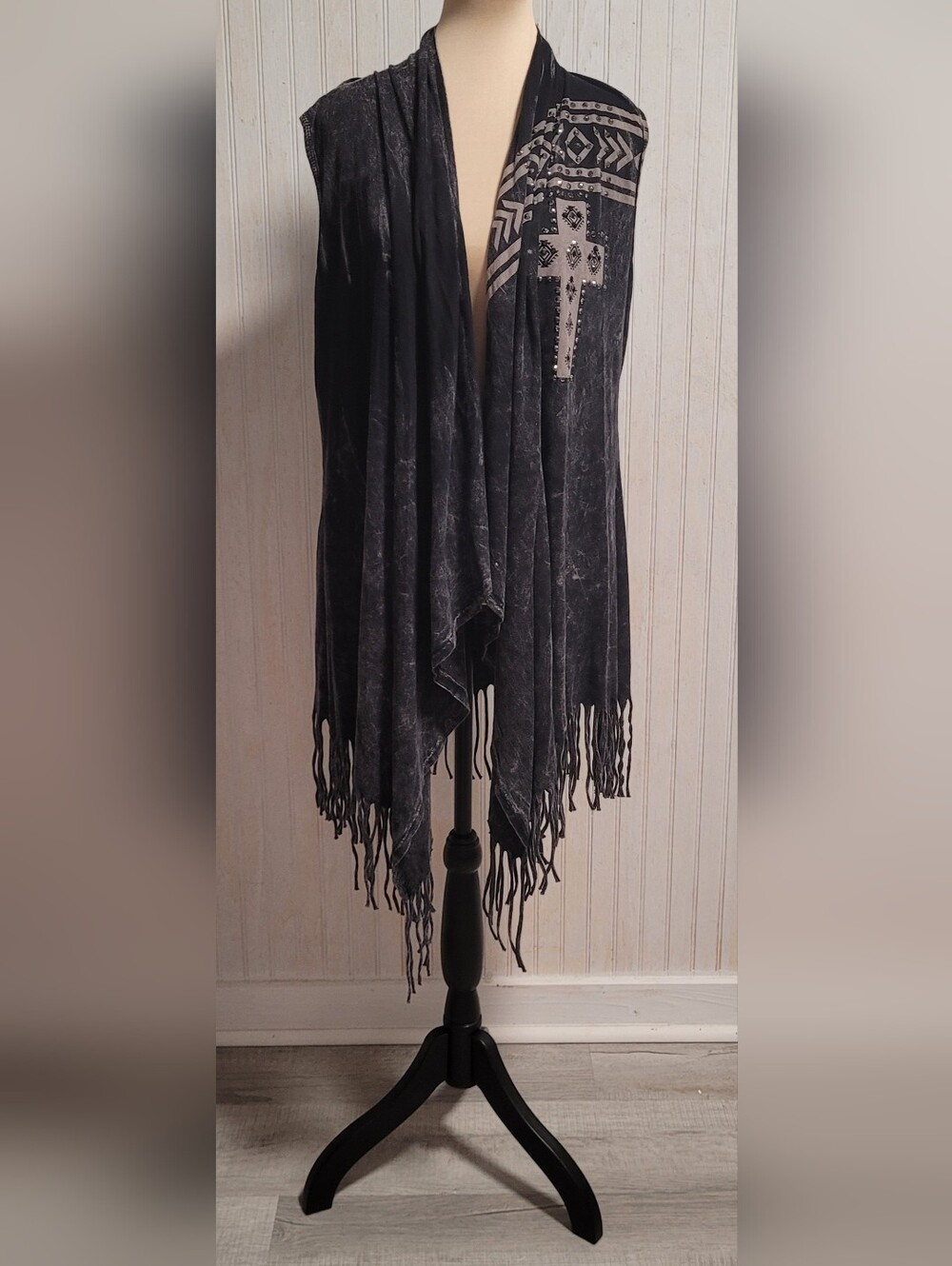 Vocal USA Black Acid Wash Embellished Cross Fringe Draped Sleeveless Cardigan XL
